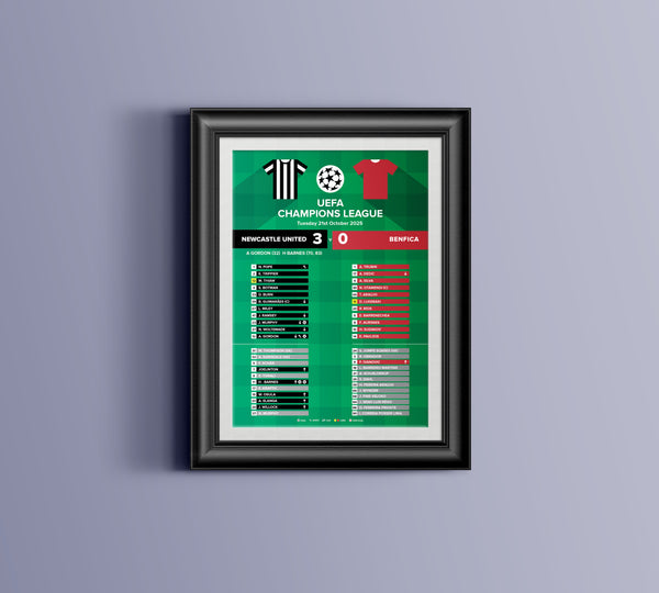 Newcastle 3 - 0 Benfica Champions League Geordie Print. Different Sizes Available.