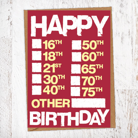 Happy Birthday Every Age Tick Box Card Blunt Cards